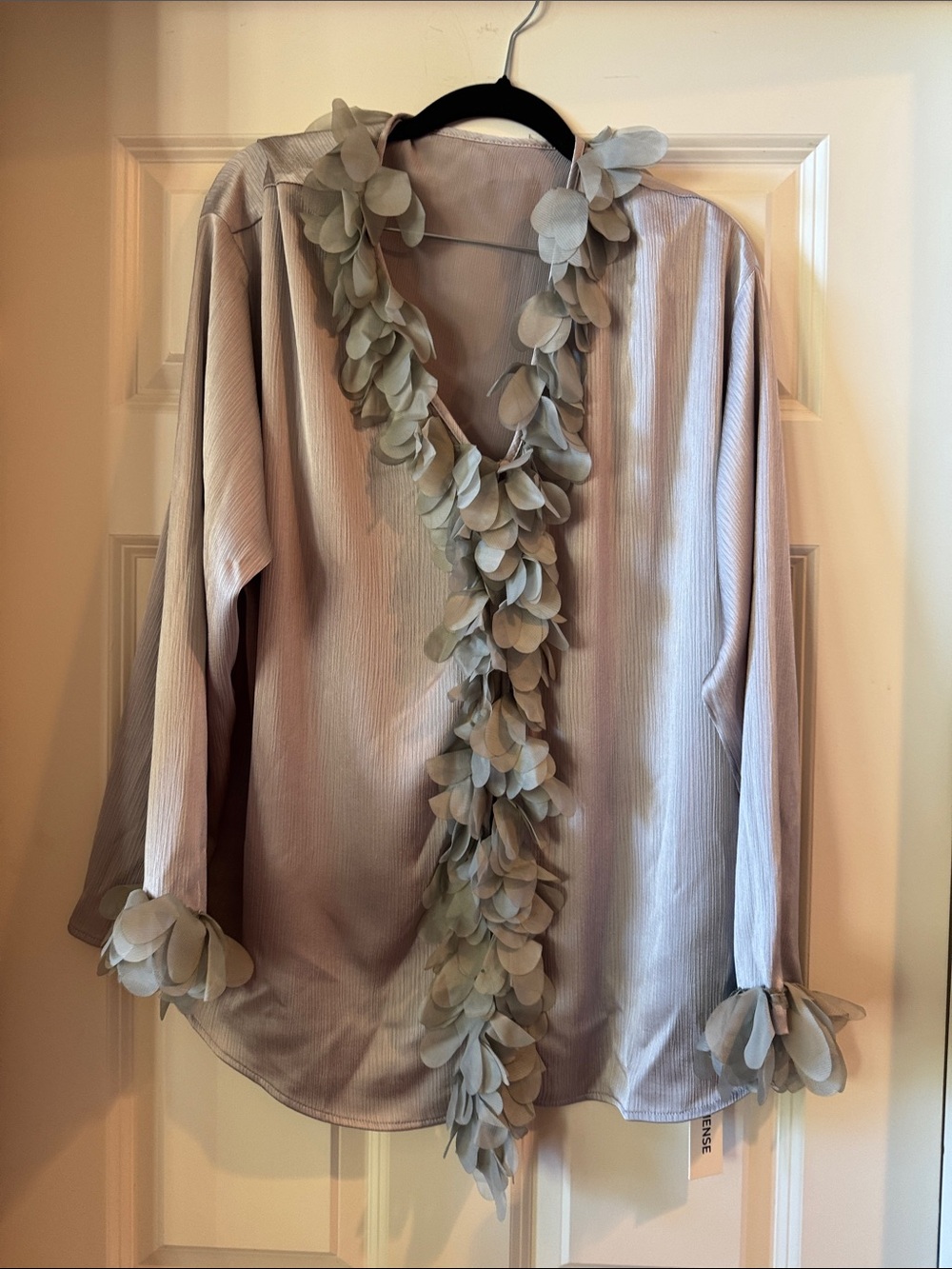Commense Pale Gray Floral-Trim V-Neck Blouse